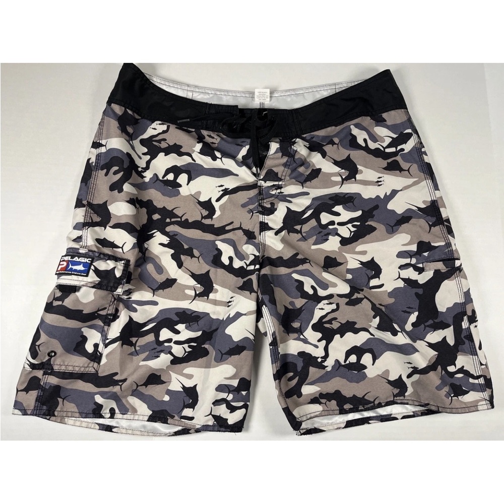 Pelagic Men's 38 Black and Gray Camouflage Board Shorts